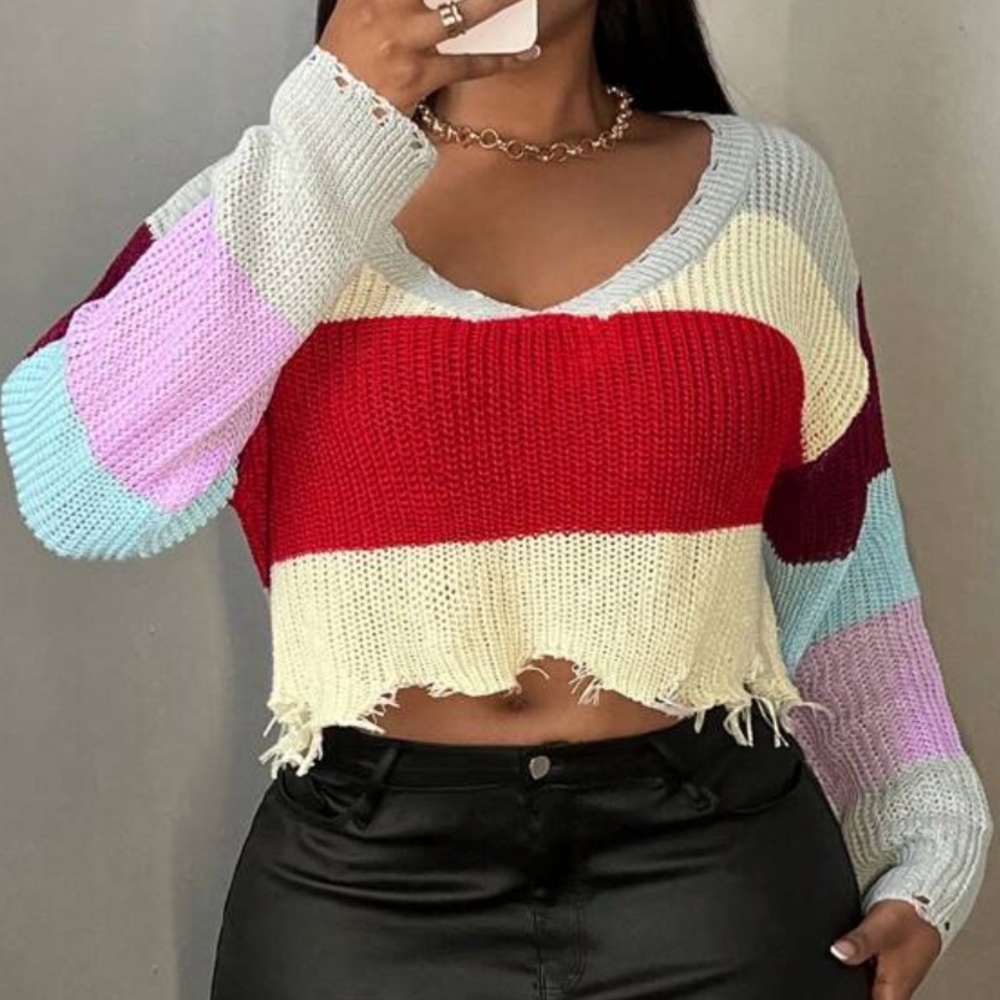 Patchwork Long Sleeve Cottage Cropped Sweater Wom… - image 5